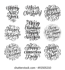 Vector Christmas set of holidays lettering. Merry Christmas and Happy New Year text lettering for invitation and greeting card, prints and posters. Hand drawn typographic inscriptions