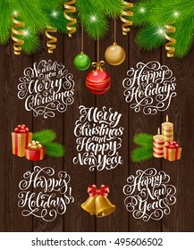 Vector Christmas set of holidays lettering and decorations. Merry Christmas and Happy New Year text lettering for invitation and greeting card, prints and posters. Hand drawn typographic inscriptions