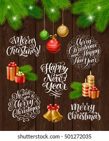 Vector Christmas set of holidays lettering. Merry Christmas and Happy New Year text lettering for invitation and greeting card, prints and posters. Hand drawn typographic inscriptions