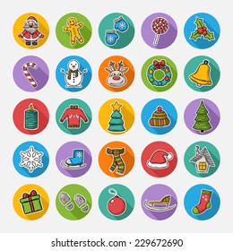Vector Christmas set icons  with Santa Claus,Christmas tree,snowman, reindeer,ice skating,sweater, sock,snowflake,wreath,sleigh, gift,candle,sweater,candy,traces, house,scarf,bell,mittens,cookies,shadow