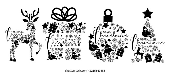 Navidad vectorial conjunto de íconos con texto Feliz Navidad, caja de regalo, ciervo, casa y pájaro sobre fondo blanco. Plantilla simple para tarjeta de navidad
