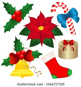 Vector Christmas set illustration with Christmas symbols: sock, holly, bell, poinsettia, candy, serpentine.
