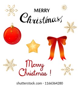 Vector Christmas set. Lettering Merry Christmas. Shining gold snowflakes, star and red bow.2019 new year
