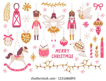 Vector Christmas set with nutcracker, princess, soldier, rocking horse, horn, drum and Christmas ornaments. Holiday collection with cute cartoon characters. Vintage Christmas toys and decoration.