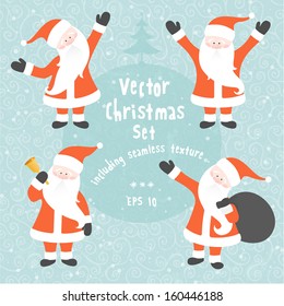 Vector Christmas set of Santa Claus in various poses and  texture. EPS 10 vector illustration.  Each Santa is isolated on a separate layer.