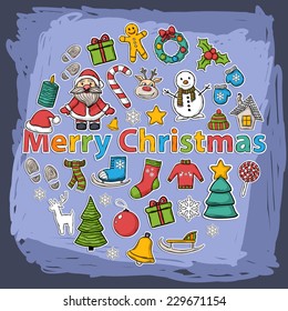 Vector Christmas set  with Santa Claus,Christmas tree,snowman, reindeer,ice skating,sweater, sock,snowflake,wreath, sleigh,gift,candle,sweater,candy, traces, house,scarf,bell, mittens,cookies