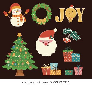 Vector Christmas set with Santa, snowman, and tree on a dark background,gift boxes, a wreath,Gingerbread,and pine branches,Vector illustration in a flat, cartoon, and cute design style for decoration.