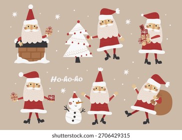 Vektor Weihnachtsset mit Weihnachtsmann, Schneemann, Weihnachtsbaum