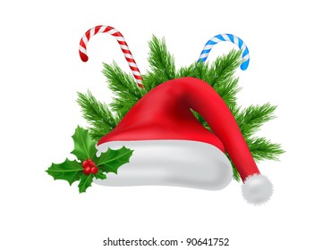 vector christmas set with Santa's hat, holly, candy and fir tree branch