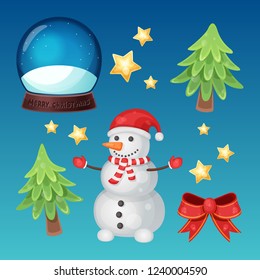 Vector Christmas set with snow globe, snowman, pine trees, bow and stars. Winter holiday collection