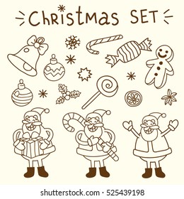 Vector Christmas set with three funny Santa Claus, candy, sugar cane, lollipop, gingerbread man, Christmas balls, berries, snowflakes. 