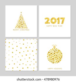 Vector Christmas set. Three greeting cards and seamless pattern. Golden holiday collection. EPS 8.