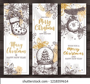 Vector christmas set of three vertical banners. Holiday decoration and congratulation. Hand drawn sketch monochrome illustrations for festive background