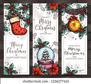 Vector christmas set of three vertical banners. Holiday decoration and congratulation. Hand drawn sketch colorful illustrations for festive background