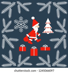 Vector of Christmas set of traditional decorative isolated elements: fir branches,snowflake,gifts,Christmas tree and Santa Claus.Flat stile.New Year seamless pattern
