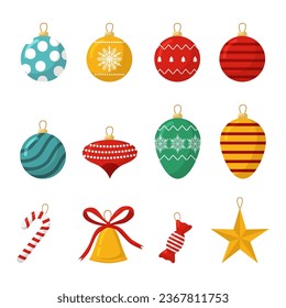 Vector christmas set of tree decoration. Balls bell, candies toy isolated on white background. Winter holidays traditional decor collection.