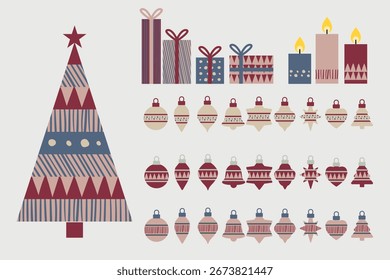 Conjunto de Navidades de Vector con árbol, regalos, velas y adornos en estilo dibujado a mano. Cálidos tonos rojos, beige y azules pizarra para un look festivo y acogedor.