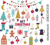 Vector Christmas set. Christmas trees, garlands, gifts, cookies, gift socks and sweets.