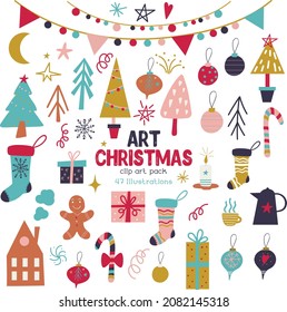 Weihnachtsgeschenk für Vektorspieler. Weihnachtsbäume, Girlanden, Geschenke, Kekse, Geschenksocken und Süßigkeiten.