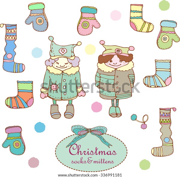 Hakuun Vector Christmas Set Two Girls Socks Liittyva Vektorikuva Rojaltivapaa 336991181