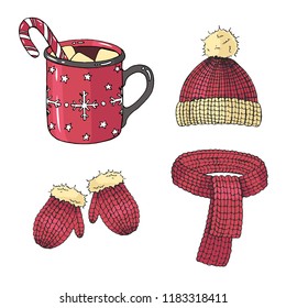 Vector Christmas Set of winter symbols. Hand drawn colored cup of cocoa with marshmallow and candy, a hat, scarf and mittens in a sketch style. Merry Christmas and Happy New Year 