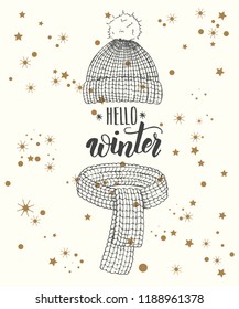 Vector Christmas Set of winter symbols. Hand drawn knitting hat and scarf and in sketch style. Lettering calligraphy phrase Hello Winter. Hand made quote. Merry Christmas and Happy New Year 