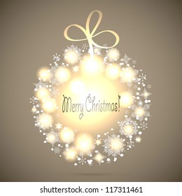 Vector  Christmas shiny greeting card with ball made from snowflakes with "Merry Christmas!" Greetings, fully editable eps10 file with standard AI font
