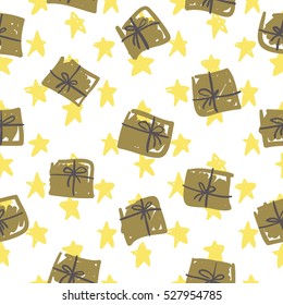 Vector Christmas simple hand drawn pattern with gift boxes