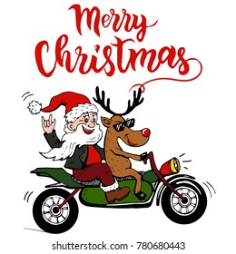 Vector christmas sketch in hand drawn style. Santa and deer riding a motorcycle.