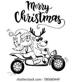 Vector christmas sketch in hand drawn style. Santa and deer riding a motorcycle.