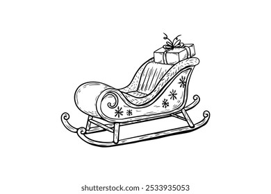 Vector Christmas sketch in vintage style, engraving, line drawing of black and white santa's sleigh.