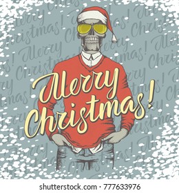 Vector Christmas skull with gift illustration. Skull head on human body and lettering merry Christmas