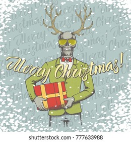 Weihnachtsschädel mit Geschenkgrafik. Schädelkopf auf menschlichem Körper und schreiende frohe Weihnachten