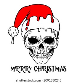Vector Christmas skull illustration. Hand drawn skull in Santa hat. Inscription Merry Christmas. Print t shirt design. svg