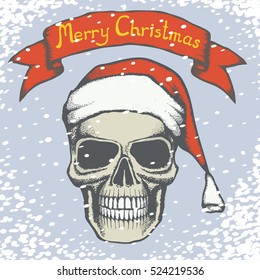 Vector Christmas skull illustration. Hand drawn skull in Santa hat. Inscription Merry Christmas and snow