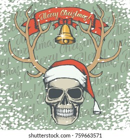 Vector Christmas skull illustration. Hand drawn skull in Santa hat and lettering merry Christmas