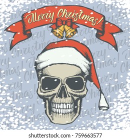 Vector Christmas skull illustration. Hand drawn skull in Santa hat and lettering merry Christmas