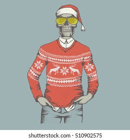 Vector Christmas skull  in skull in sweater illustration. Hand drawn. Skull human in sweatshirt