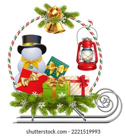 Vector Christmas Sledge with Snowman isolated on white background