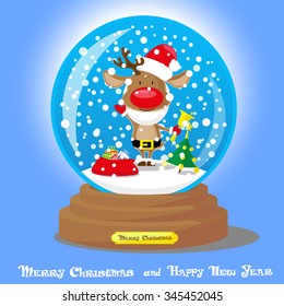 Vector Christmas Snow Globe:  funny deer in santa hat and beard with big bag gifts on blue gradient background