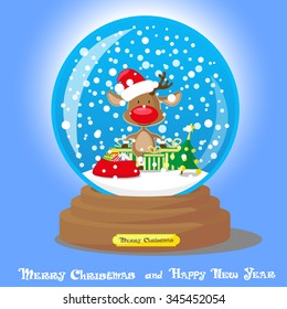 Vector Christmas Snow Globe:  funny deer in santa hat with big bag gifts on blue gradient background