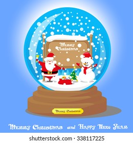 Vector Christmas Snow Globe: Santa Claus with big bag gifts and Snowman with Xmas tree on blue gradient background