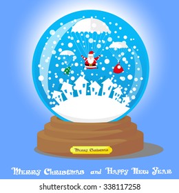 Vector Christmas Snow Globe: Santa Claus as skydiver with big bag gifts and Xmas tree on blue gradient background