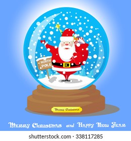 Vector Christmas Snow Globe: Santa Claus with big bag gifts and Xmas tree backdrop sign North Pole on blue gradient background