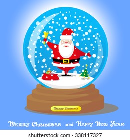 Vector Christmas Snow Globe with Santa Claus and big bag gifts on blue gradient background