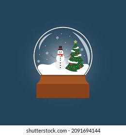 bola de nieve vectorial de navidad con muñeco de nieve y árbol de navidad. imagen plana de un globo de nieve con nieve