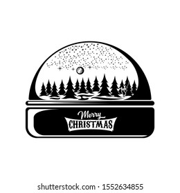 Vector christmas snowball or snow globe silhuette icon with xmas tree, sky, moon, deer and greeting merry christmas text  isolated on white background.
