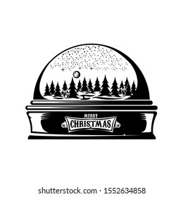 Vector christmas snowball or snow globe silhuette icon with xmas tree, sky, moon, deer and greeting merry christmas text  isolated on white background.