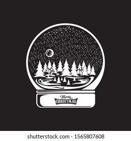 Vector christmas snowball or snow globe silhuette icon with xmas tree, sky, moon, deer and greeting merry christmas text  isolated on black background.