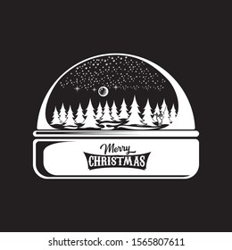 Vector christmas snowball or snow globe silhuette icon with xmas tree, sky, moon, deer and greeting merry christmas text  isolated on black background.